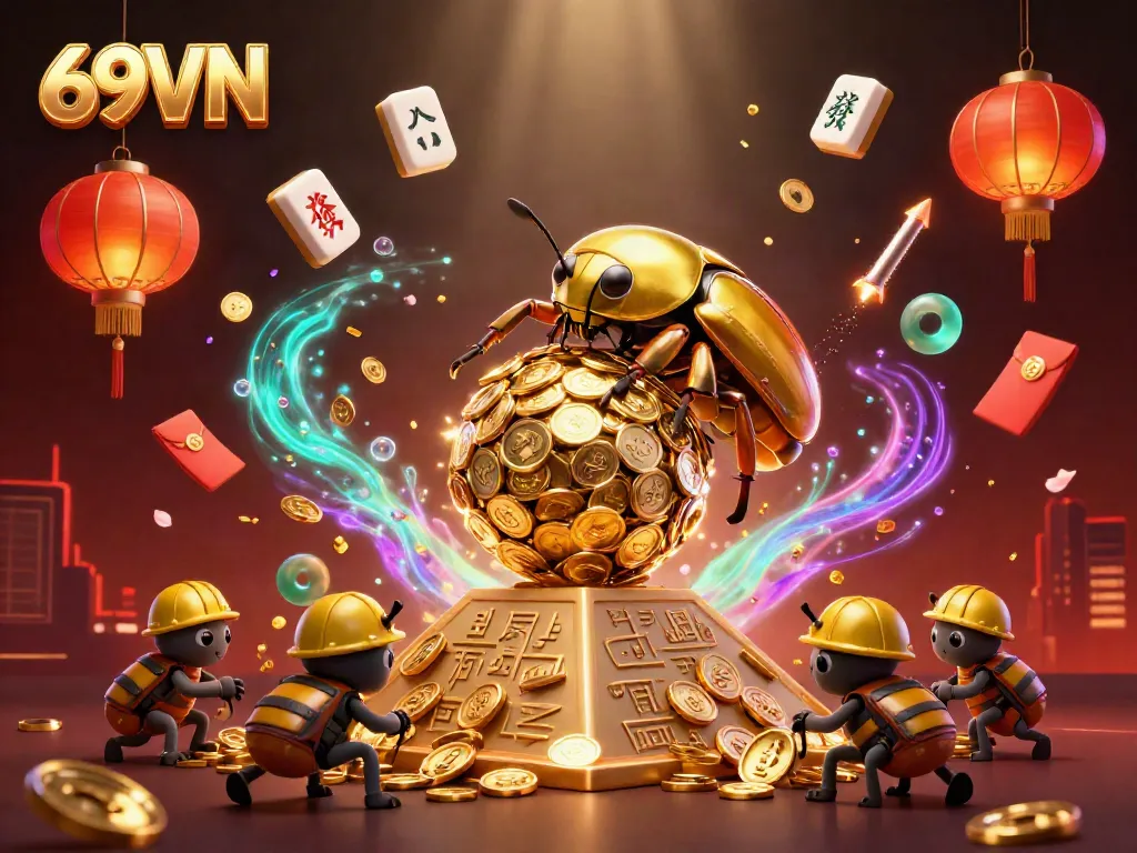 Immerse in the vibrant world of 69VN with a golden dung beetle rolling coins amidst casino symbols and festive elements.