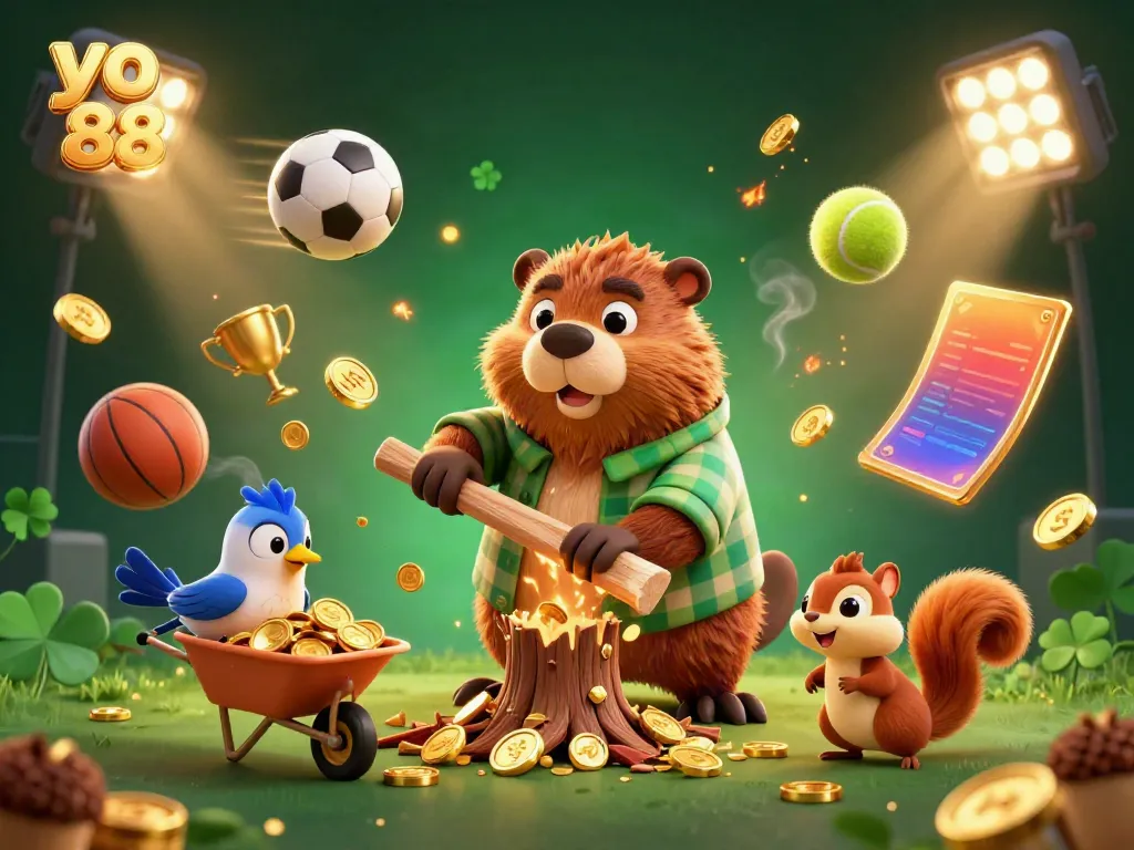 Catch the excitement of yo 88 as a beaver chops a coin tree, surrounded by dynamic sports elements.