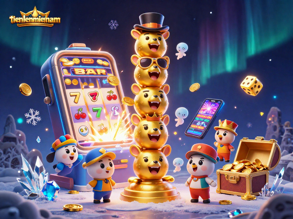 Engage in the thrilling game of tienlenmiennam with vibrant slot machines and lively totem characters.