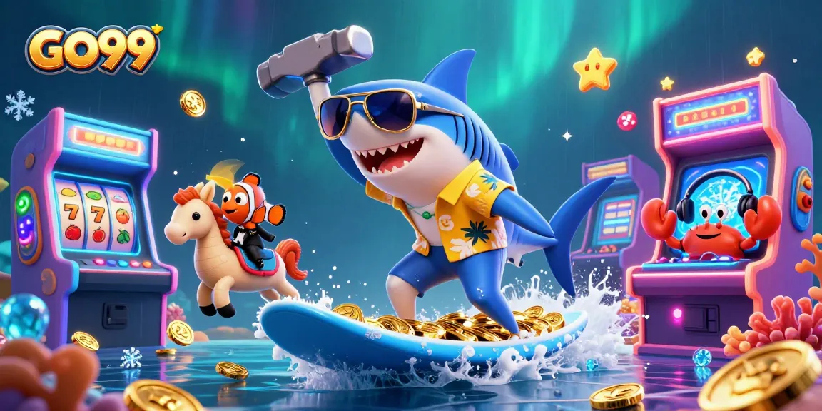 Surf the waves of fortune with GO99 in a vibrant 3D illustration of casino fun.