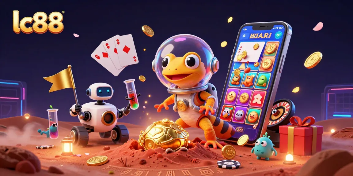 Engage with exciting lc88 casino action, featuring a Martian gecko exploring a golden casino.