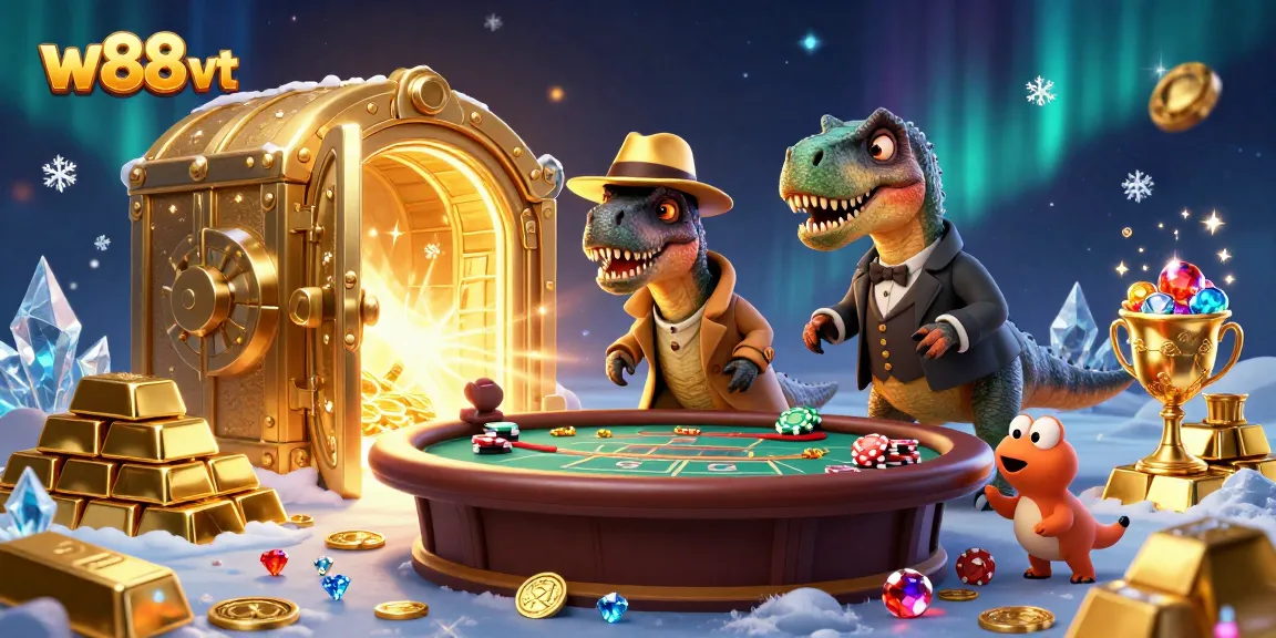 Cá cược tại W88 VT với chú velociraptor tinh ranh và stegosaurus giám đốc, đại diện cho thế giới casino trực tuyến.