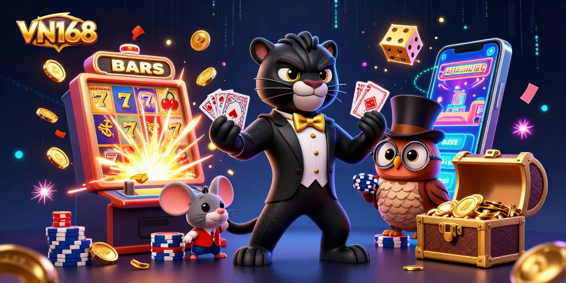 VN168 offers engaging casino action with a stylish panther dealer and a card game atmosphere, featuring unique characters and exciting graphics.