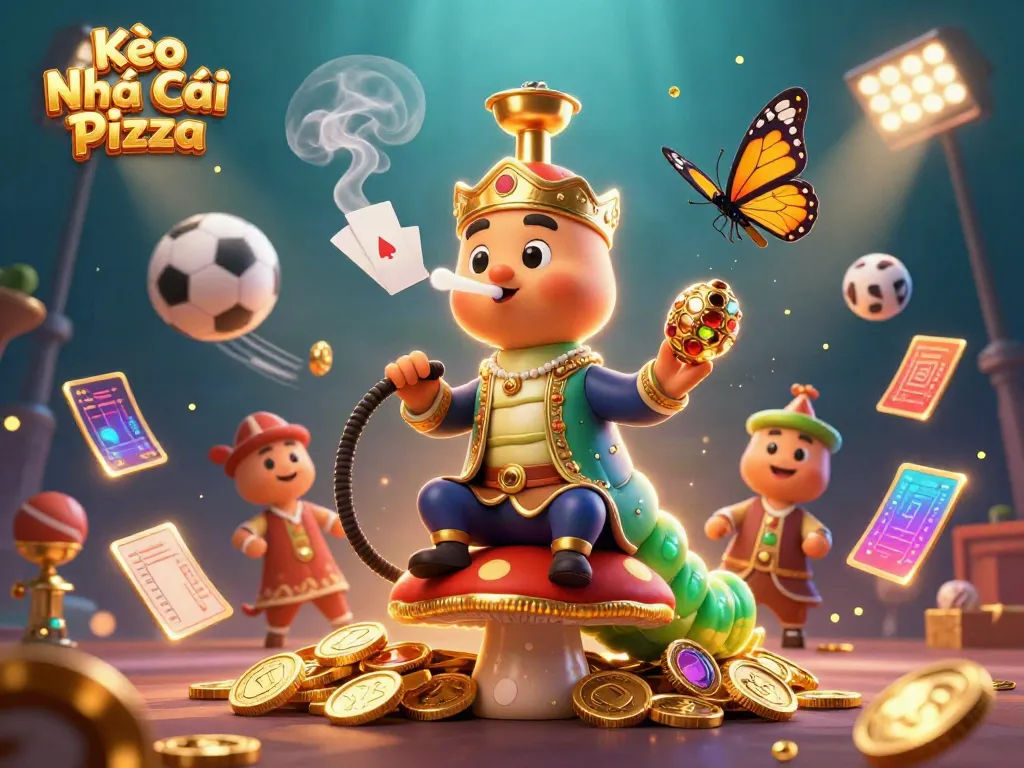 Kèo Nhà Cái Pizza showcases a vibrant, dynamic scene with a whimsical caterpillar master and sports elements.