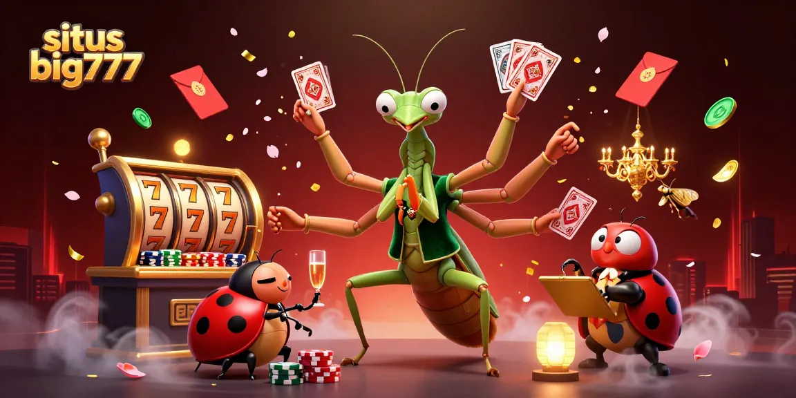 Situs big777 showcases thrilling slot reels and dynamic casino characters in a vibrant illustration.