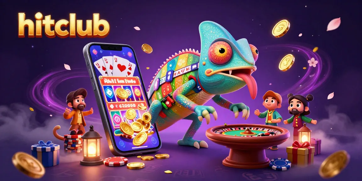 Engage with hitclub's chameleon casino owner amidst vibrant gaming elements and golden coins.