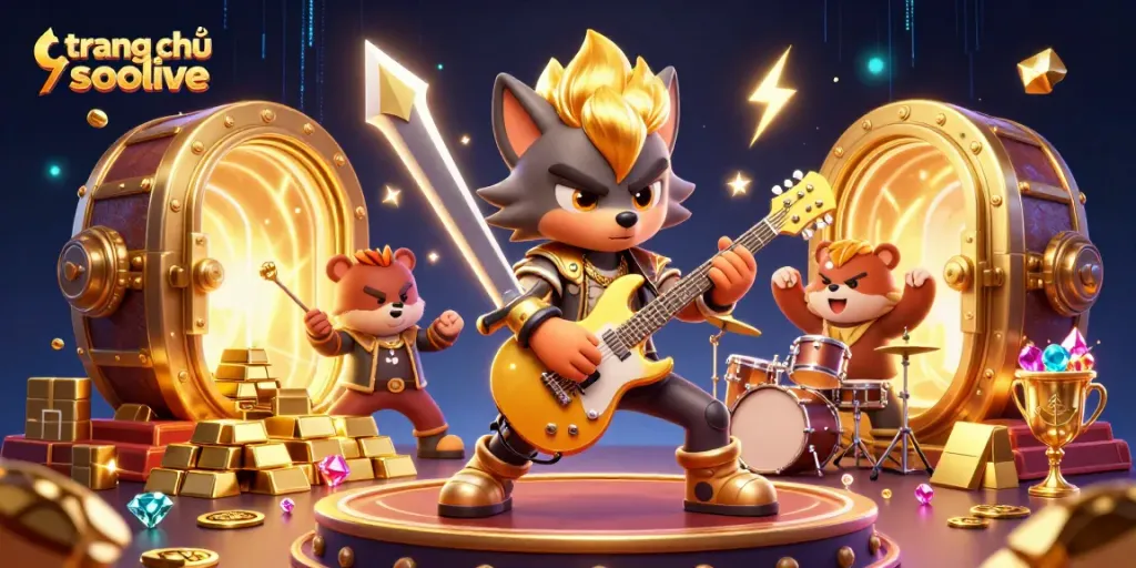 Experience the vibrant action of trang chủ socolive with a dynamic 3D casino scene showcasing energetic characters and treasures.