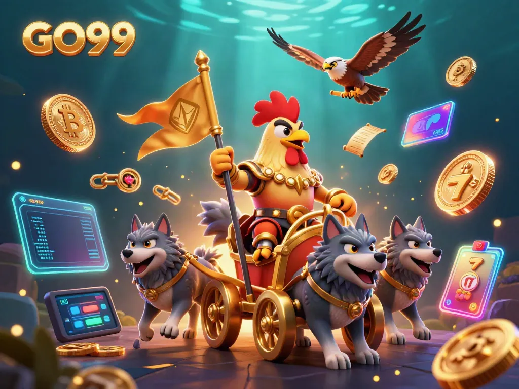 Experience the thrill of GO99 with a rooster warlord and crypto elements in a vibrant casino scene.