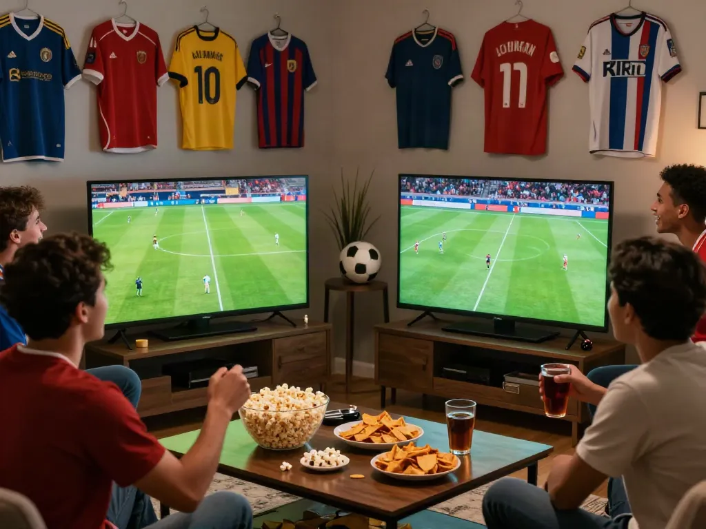 Friends enjoying a thrilling match on Xoilactv in a lively home atmosphere