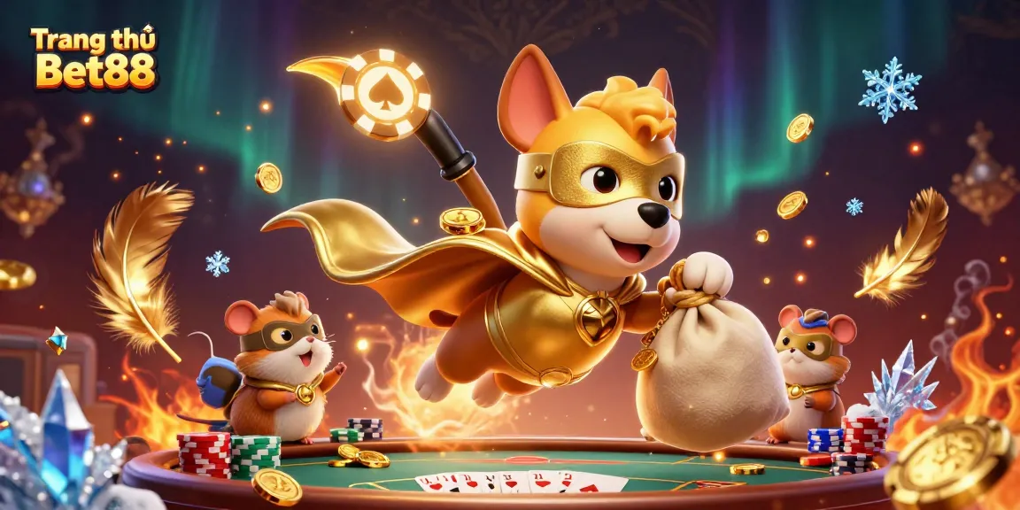 Experience thrilling gameplay at Trang chủ Bet88 with a superhero dog and hamster amidst gold coins.