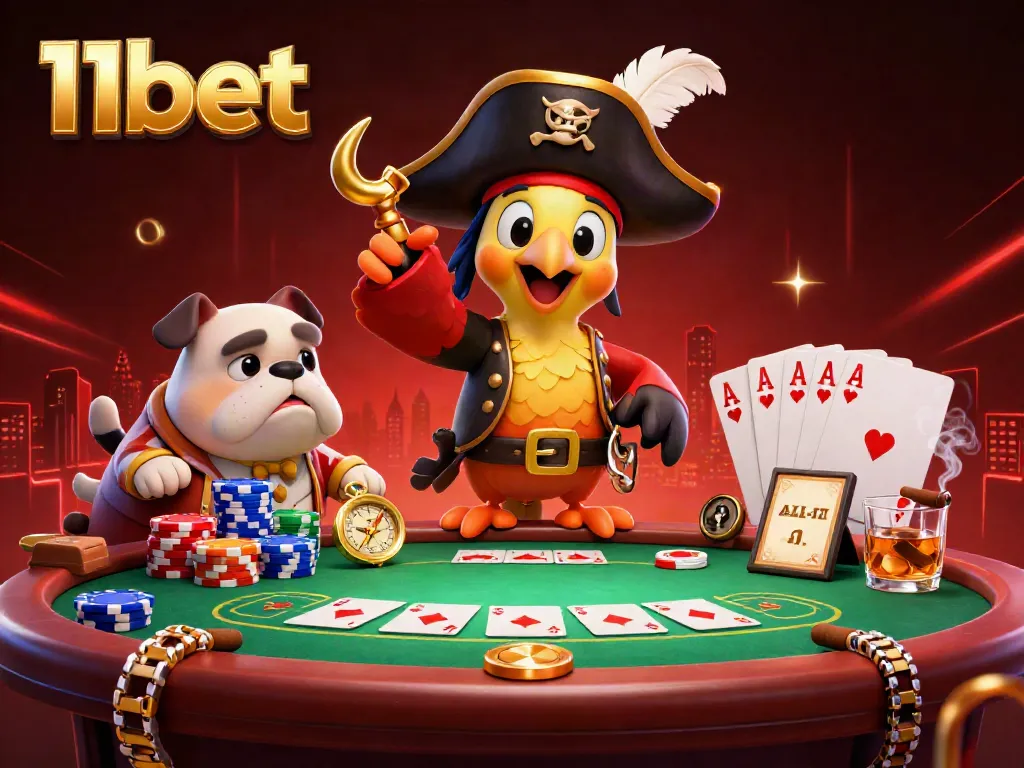 Experience the excitement of 11bet in a vibrant casino scene with a cartoon pirate, bulldog, and cat immersed in poker.