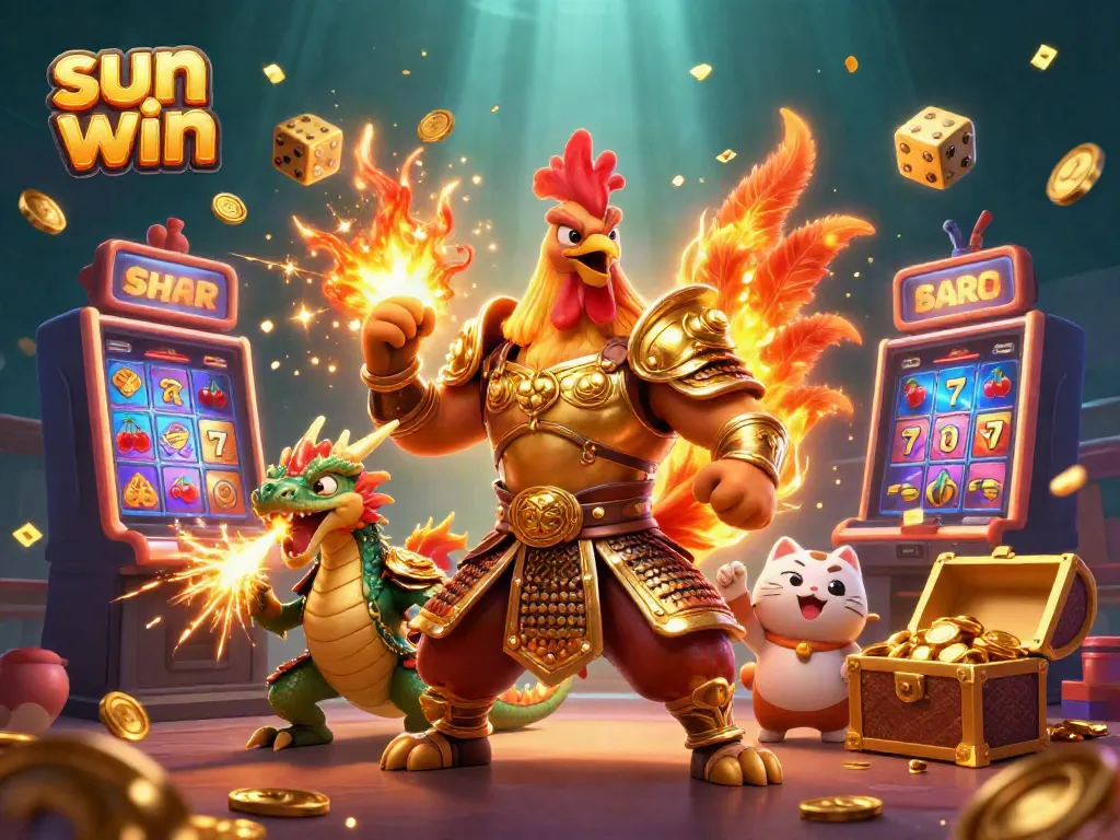 Experience the thrilling sun win adventure with a joyful fortune cat, fighting rooster, and dragon amidst a vibrant casino scene.