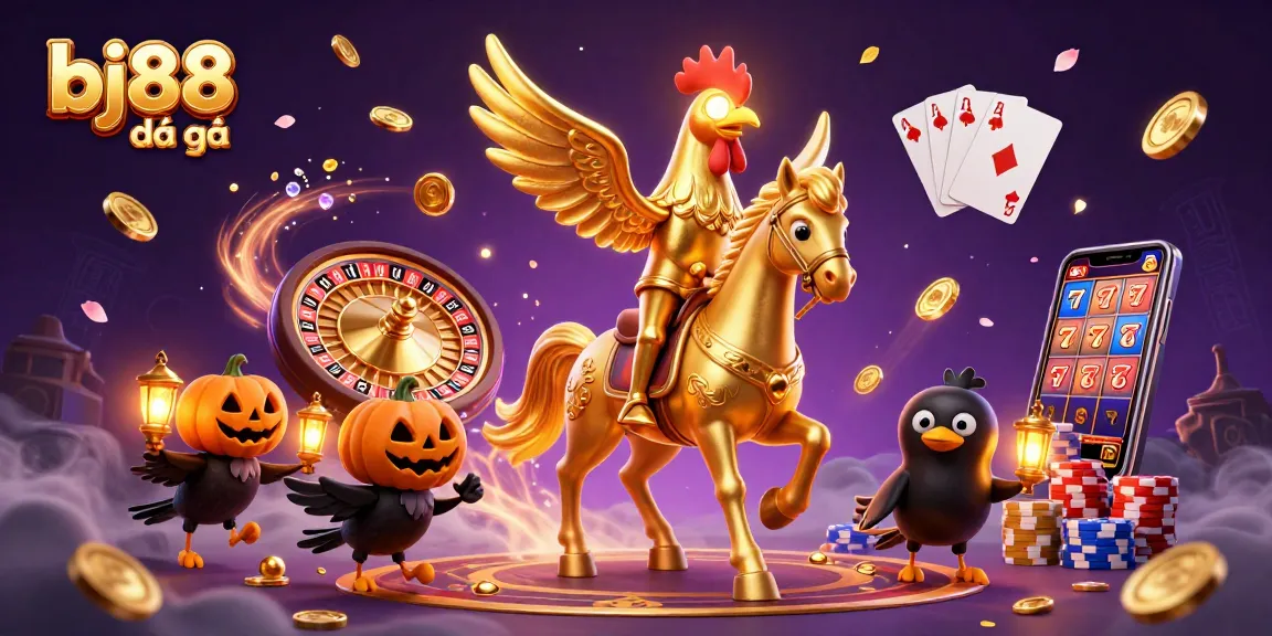 Bj88 đá gà showcases a vibrant casino scene with golden rooster and dynamic gaming elements.