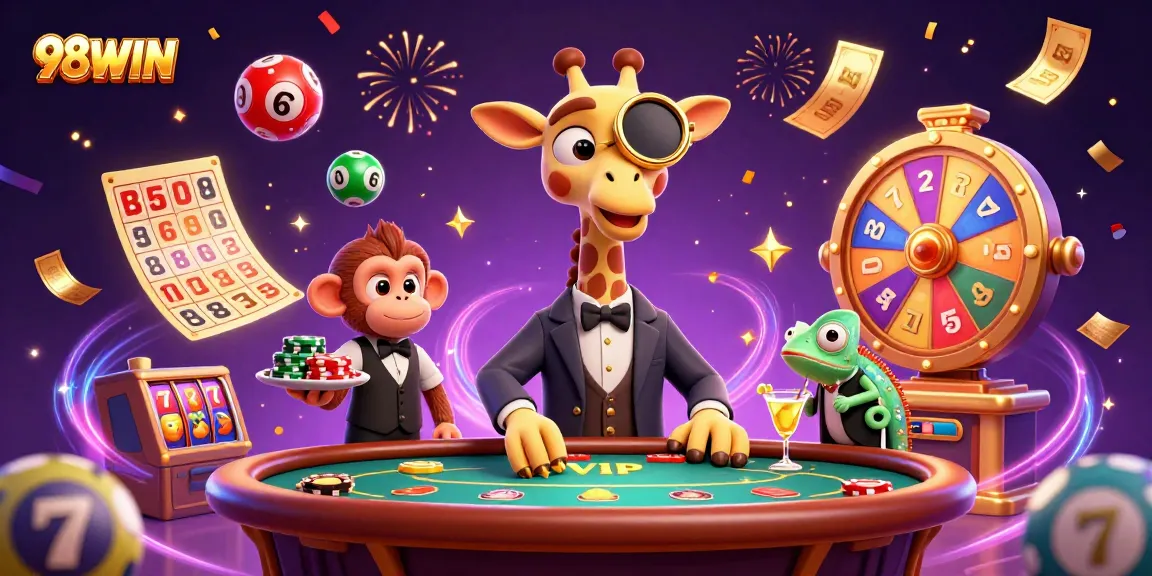 Experience the excitement of 98WIN with a giraffe at a VIP table, colorful lottery balls, and rich casino elements.
