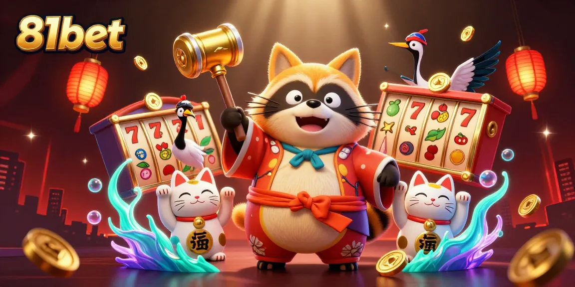 Engage in thrilling gameplay with 81bet, as cheerful characters celebrate casino excitement amidst vibrant elements.