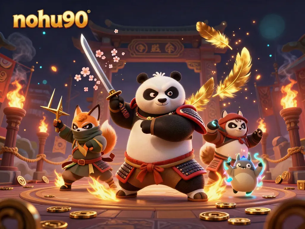 Witness the exciting action of nohu90, where a samurai panda and ninja fox engage in thrilling casino games.