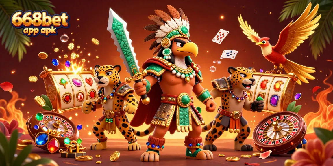 Experience thrill at 668bet app apk with vibrant slots and gaming excitement surrounding Aztec characters.