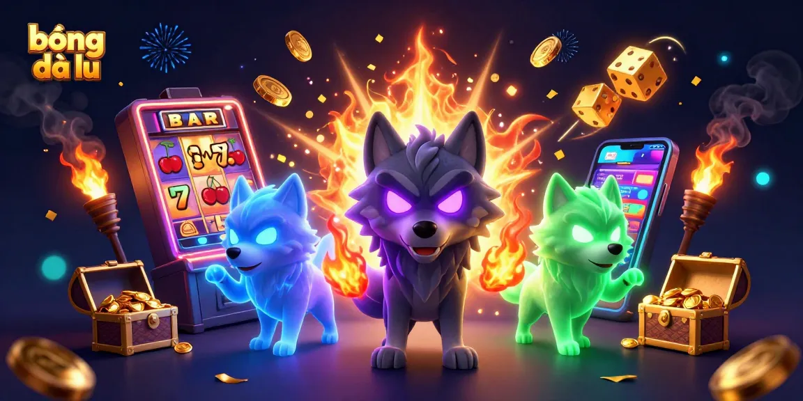 Bóng đá lu showcases an engaging casino atmosphere with wolves amidst slot machines and vivid gaming elements.