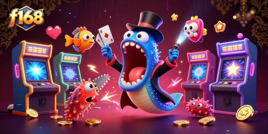 Experience intense f168 gameplay with vibrant 3D characters in a magical casino setting.