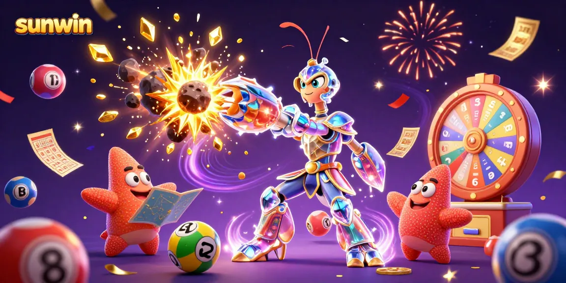 Engage with sunwin's vibrant lottery scene featuring 3D characters amidst colorful casino elements.