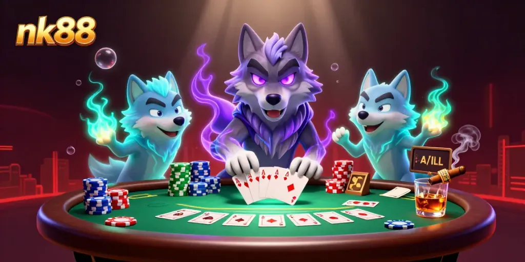 Experience thrilling poker action with nk88 featuring neon-lit wolf characters and dynamic card gameplay.