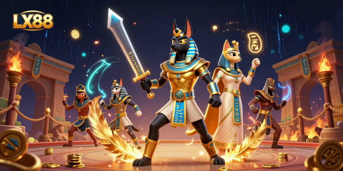 Experience the thrill of LX88 with Anubis and Bastet in a dynamic gambling scene.