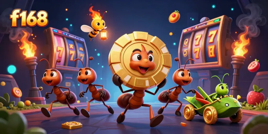 F168 ants carrying a massive golden poker chip during a thrilling heist in a vibrant casino setting.