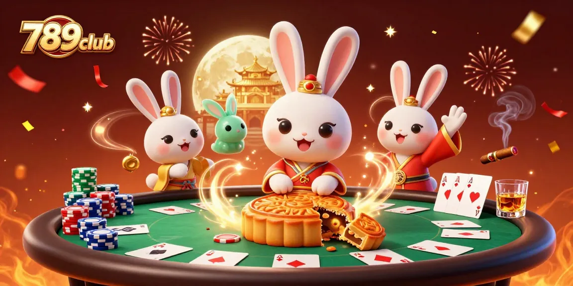 Exciting scene of 789club featuring a moon rabbit, poker chips, and dynamic festive elements