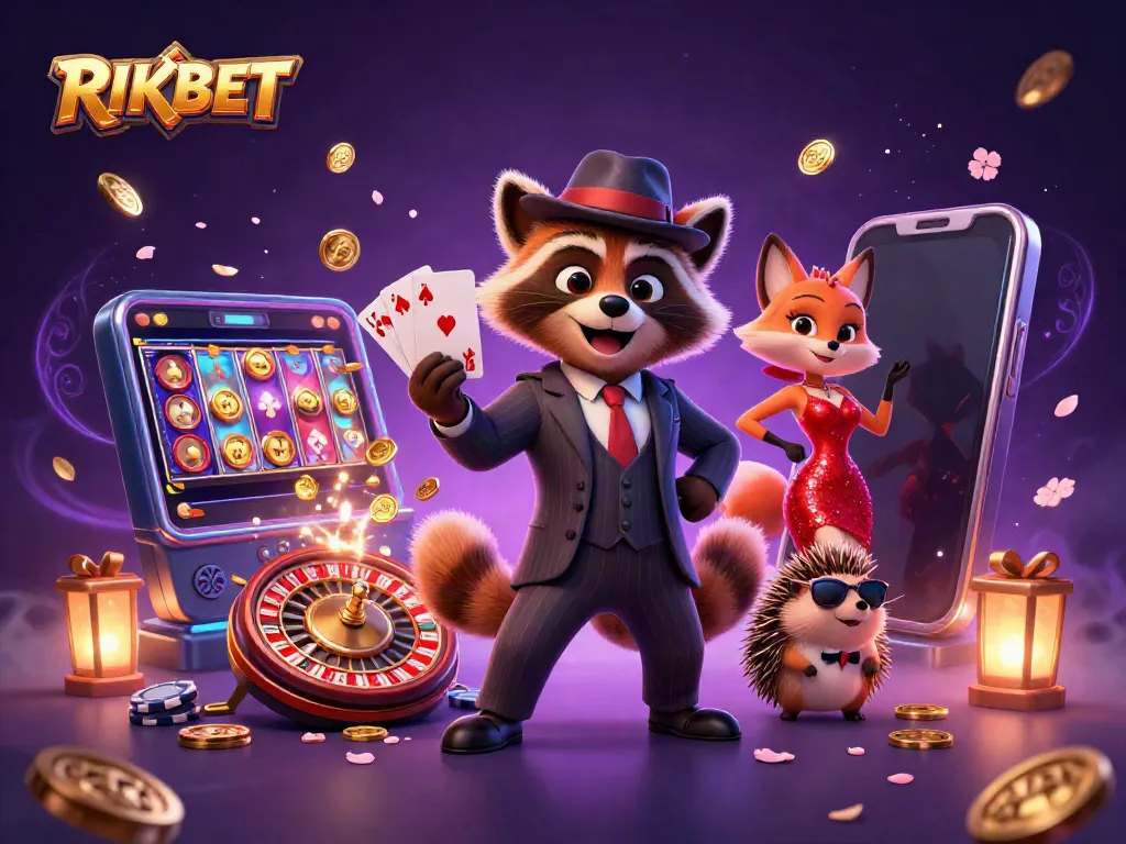 Experience RIKBET with this immersive casino illustration featuring vibrant game elements and engaging characters.