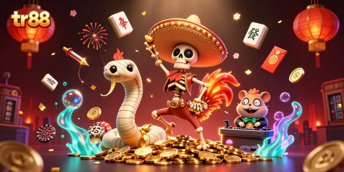 Experience the thrill of tr88 gaming with a vibrant casino-themed 3D illustration featuring dynamic characters.