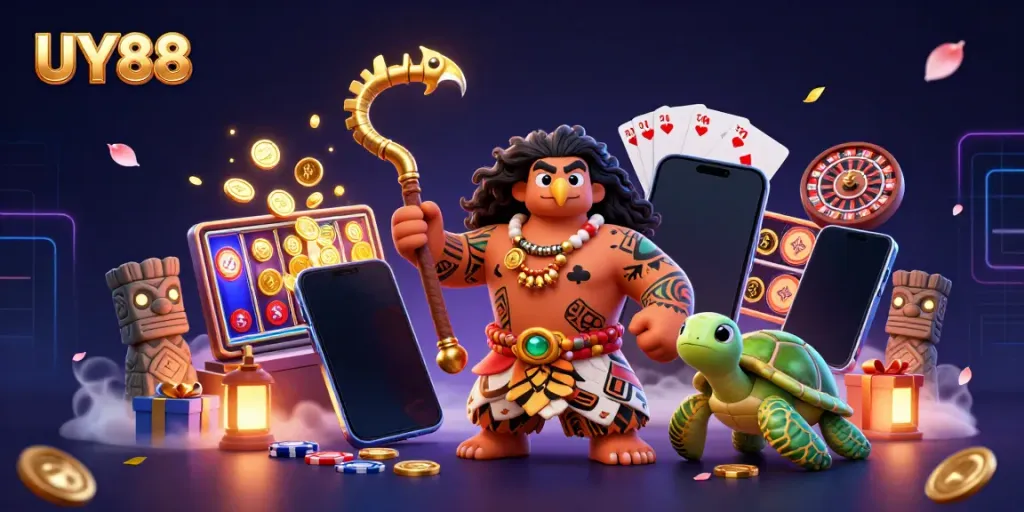 Play exciting slots at UY88 with a stunning visual of a demigod and a turtle amidst vibrant casino elements.