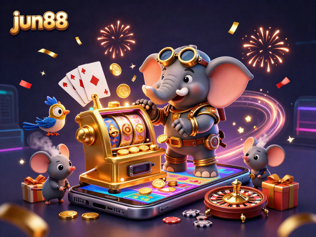 Engage in thrilling gameplay with jun88's dynamic slots featuring a steampunk elephant and vibrant casino elements.