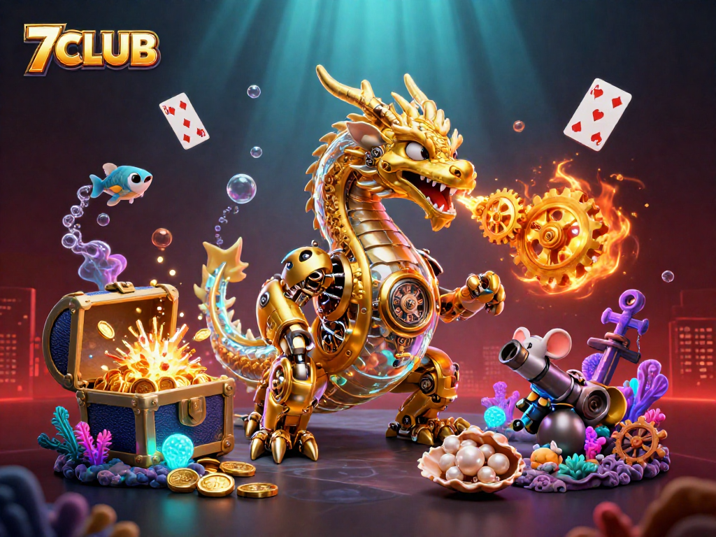Engage with 7CLUB's vibrant 3D casino scene featuring a dragon amidst games and treasures.