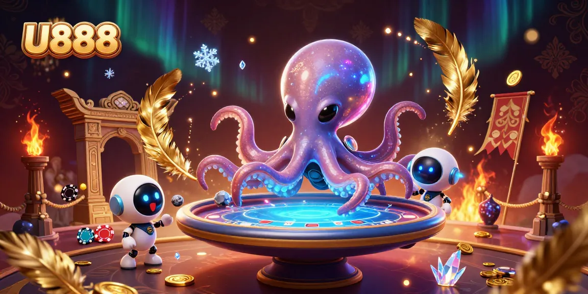 Experience thrilling poker like U888 in this vibrant 3D alien octopus scene with dynamic gaming elements.