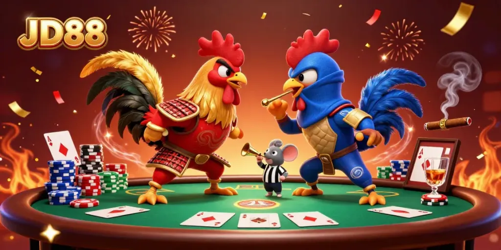 JD88 captivates with a thrilling standoff between fighting roosters, embodying the excitement of the online casino experience.
