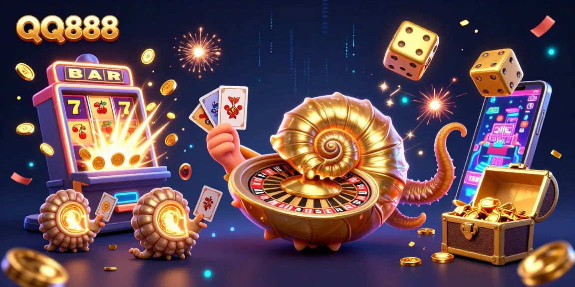 Experience QQ888's vibrant casino adventure with a dynamic nautilus roulette wheel and exciting gaming elements.