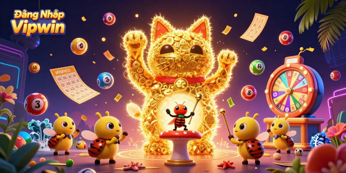 Engage in exciting gameplay with Đăng Nhập Vipwin, featuring a vibrant 3D representation of casino symbols and elements.