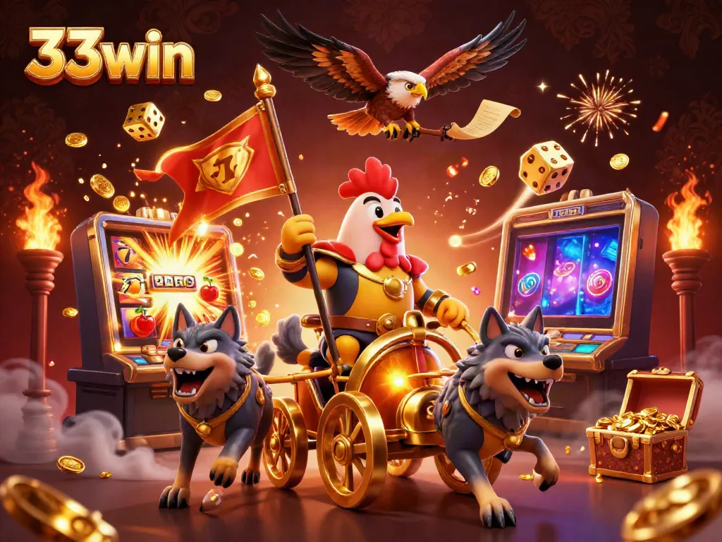 Engage in thrilling wins with 33win's vibrant casino scene, showcasing dynamic characters and jackpot excitement.