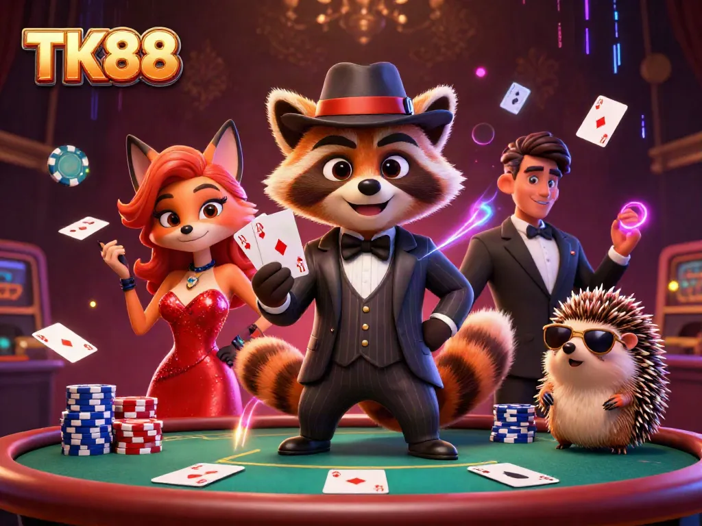 Experience thrilling poker action at TK88 with playful characters and dynamic casino elements.