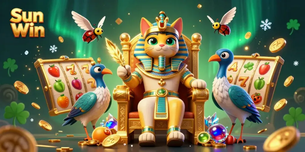Engage with the thrilling world of Sun Win through vibrant symbols and dynamic characters in a dazzling casino scene.