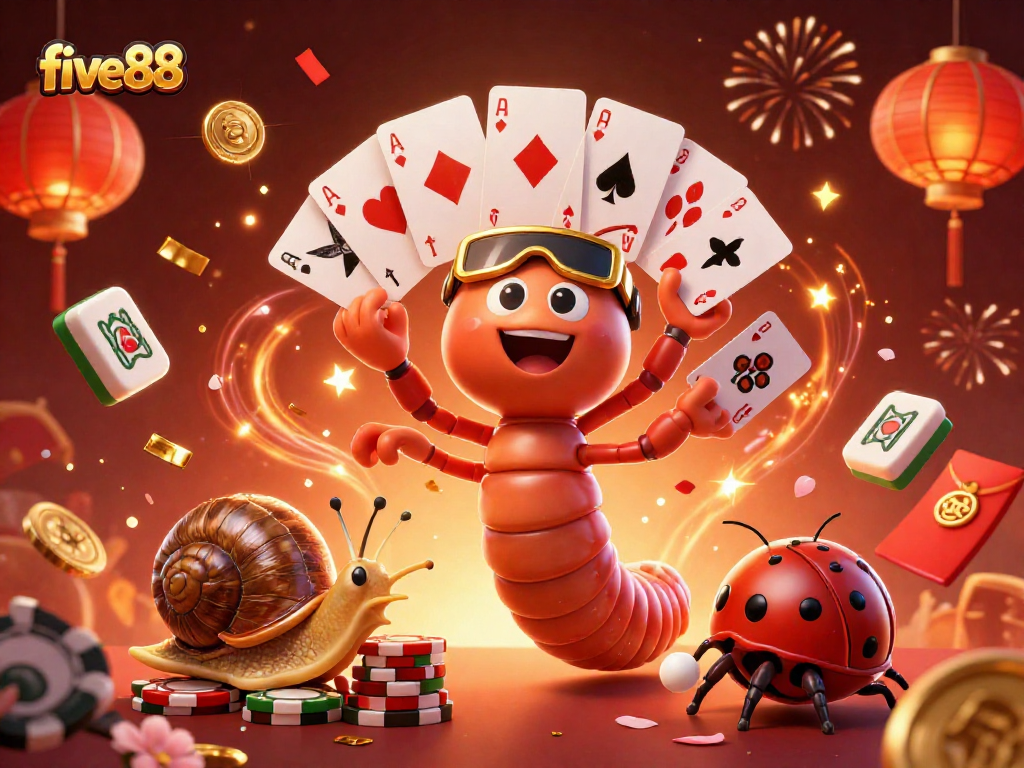 Experience the excitement of five88 with a unique 3D cartoon casino scene featuring lively characters and vibrant game elements.