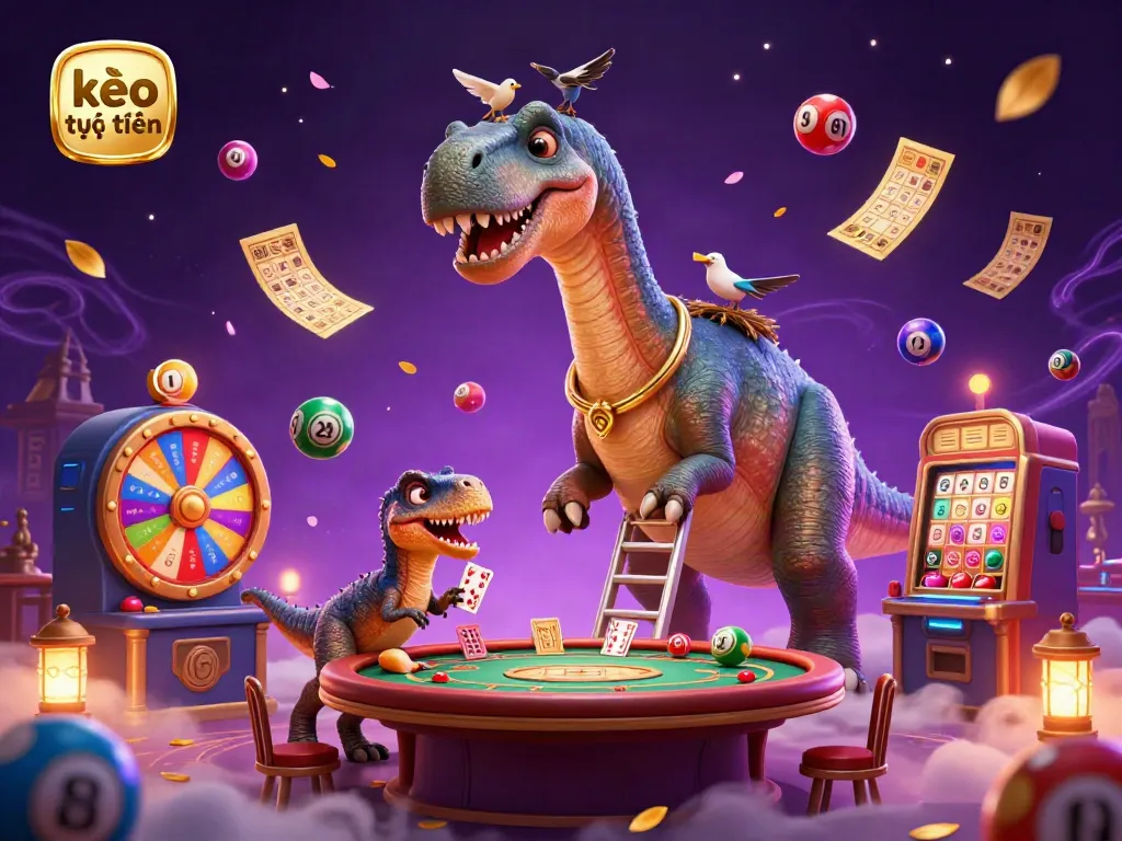 Experience the excitement of kèo trực tuyến with a whimsical casino scene featuring a brontosaurus and a raptor.