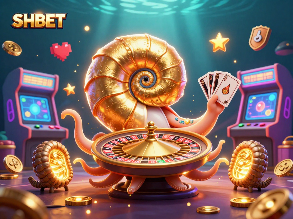 Engage with SHBET's vibrant casino experience, featuring a giant nautilus roulette wheel amidst colorful arcade elements.