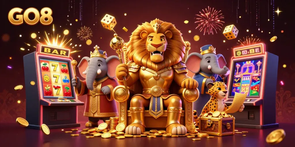 Experience the excitement of GO8 with vibrant 3D casino dynamics showcasing a lion king, elephant advisor, and cheetah messenger.