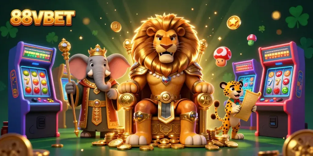 Experience the thrill of 88VBET with a majestic lion king and vibrant arcade elements.