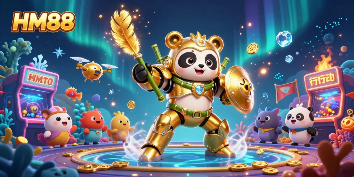 Engage with the HM88 fishing arcade challenge featuring a mech-suit panda in an artistic scene.