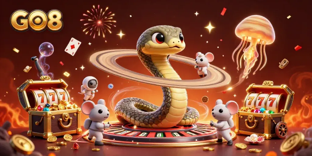 GO8-themed cosmic casino scene with playful characters and exciting elements