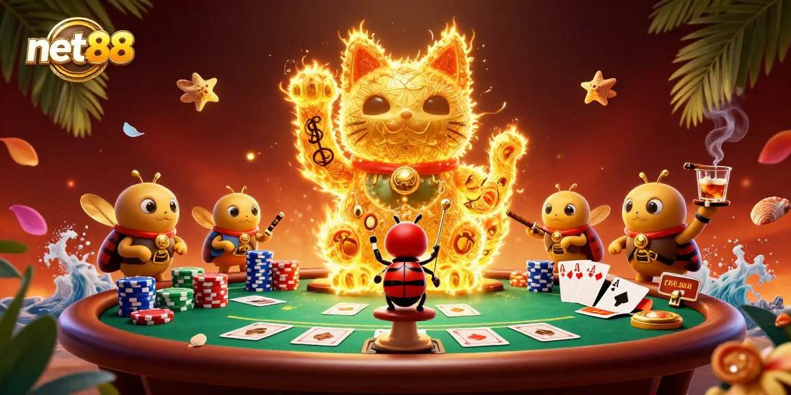 Engage with net88's vibrant casino world through an animated scene of a lucky cat celebrating