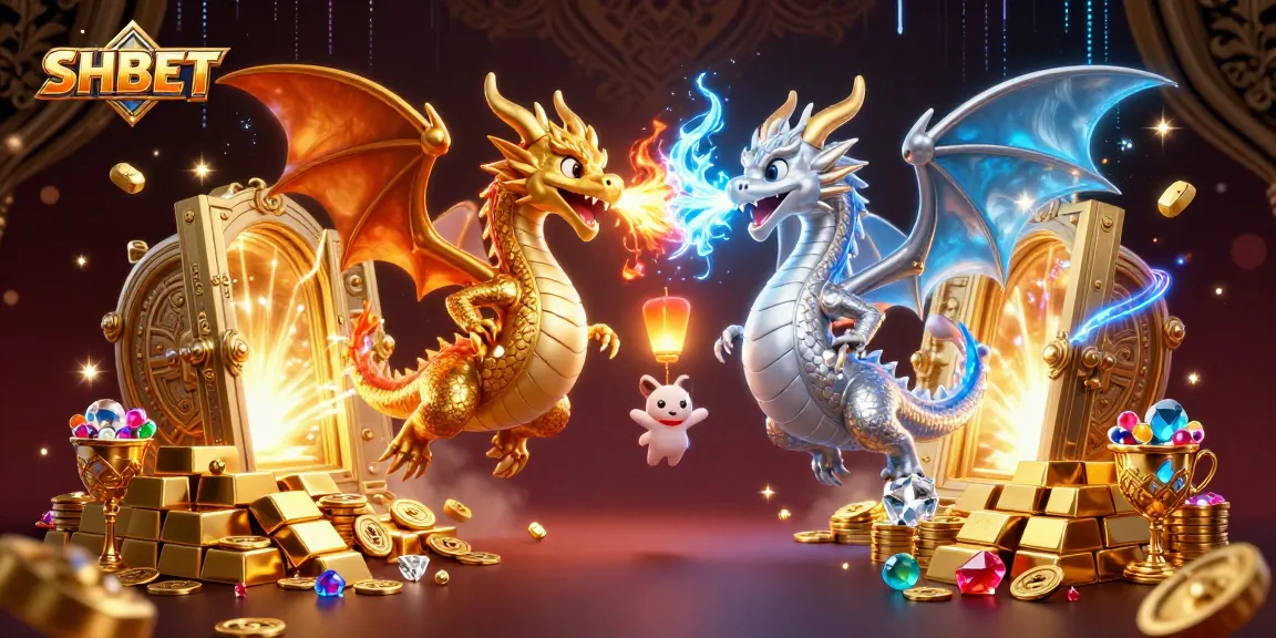 Spin and win at SHBET as golden and silver dragons battle in a vibrant casino treasure scene.