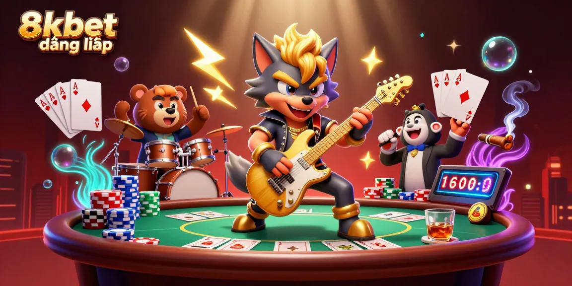 Experience the vibrant thrills of 8xbet đăng nhập with a dynamic casino scene featuring rock star wolf and drummer bear.